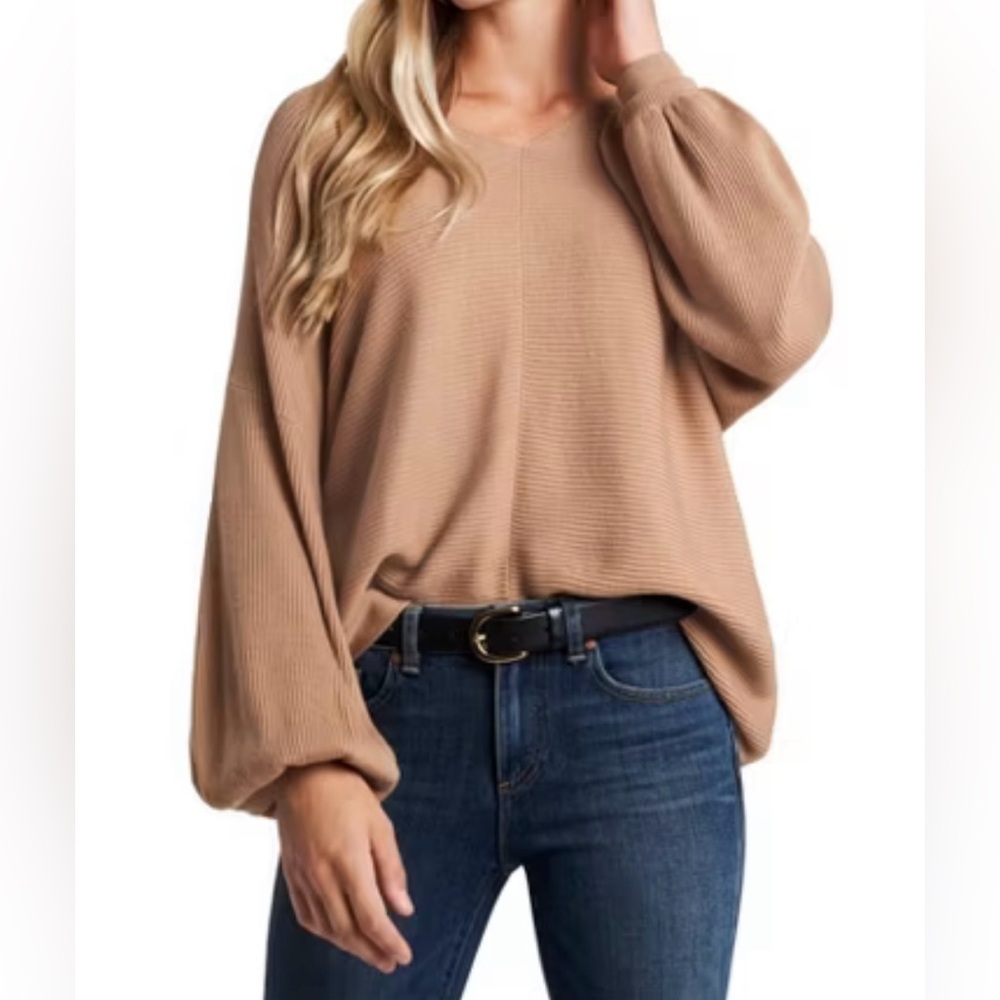 1.STATE Womens Rib Bubble Sleeve Knit Sweater